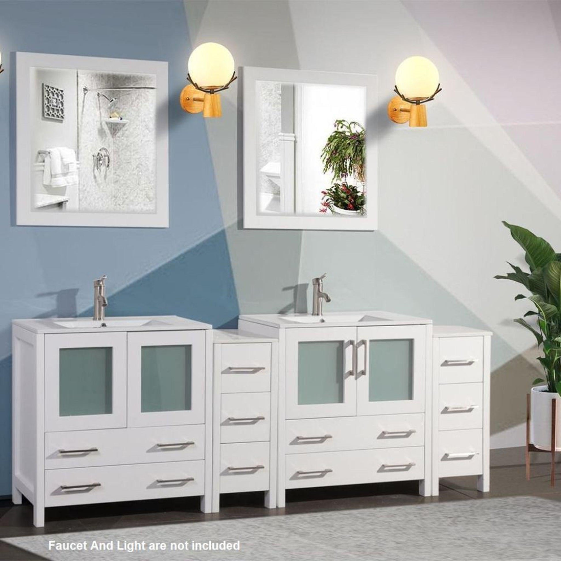 Vanity Art VA30 72" Double White Freestanding Modern Bathroom Vanity Set With Integrated Ceramic Sink, Compact 2 Shelves, 7 Dovetail Drawers Cabinet and 2 Mirrors