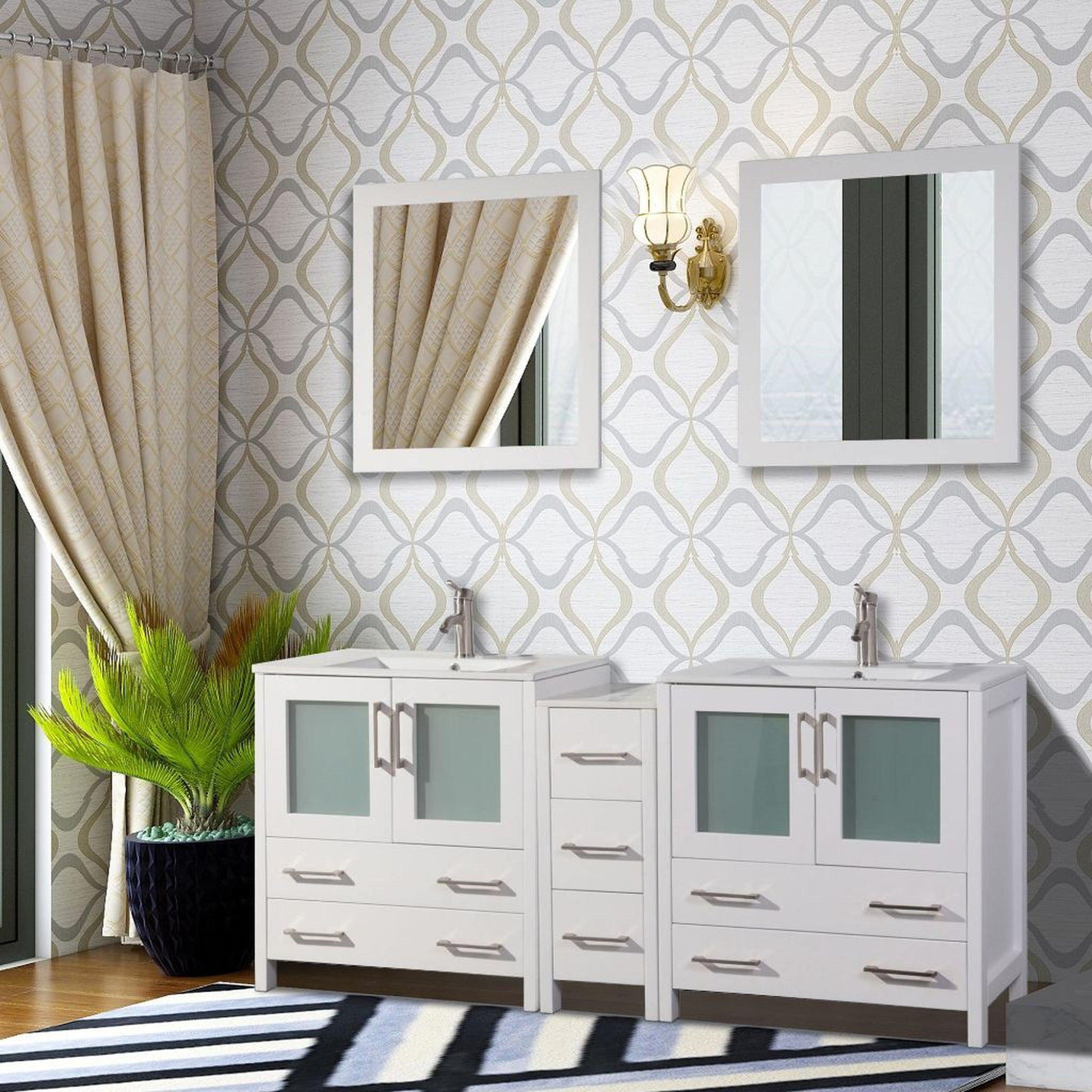 Vanity Art VA30 72" Double White Freestanding Modern Bathroom Vanity Set With Integrated Ceramic Sink, Compact 2 Shelves, 7 Dovetail Drawers Cabinet and 2 Mirrors