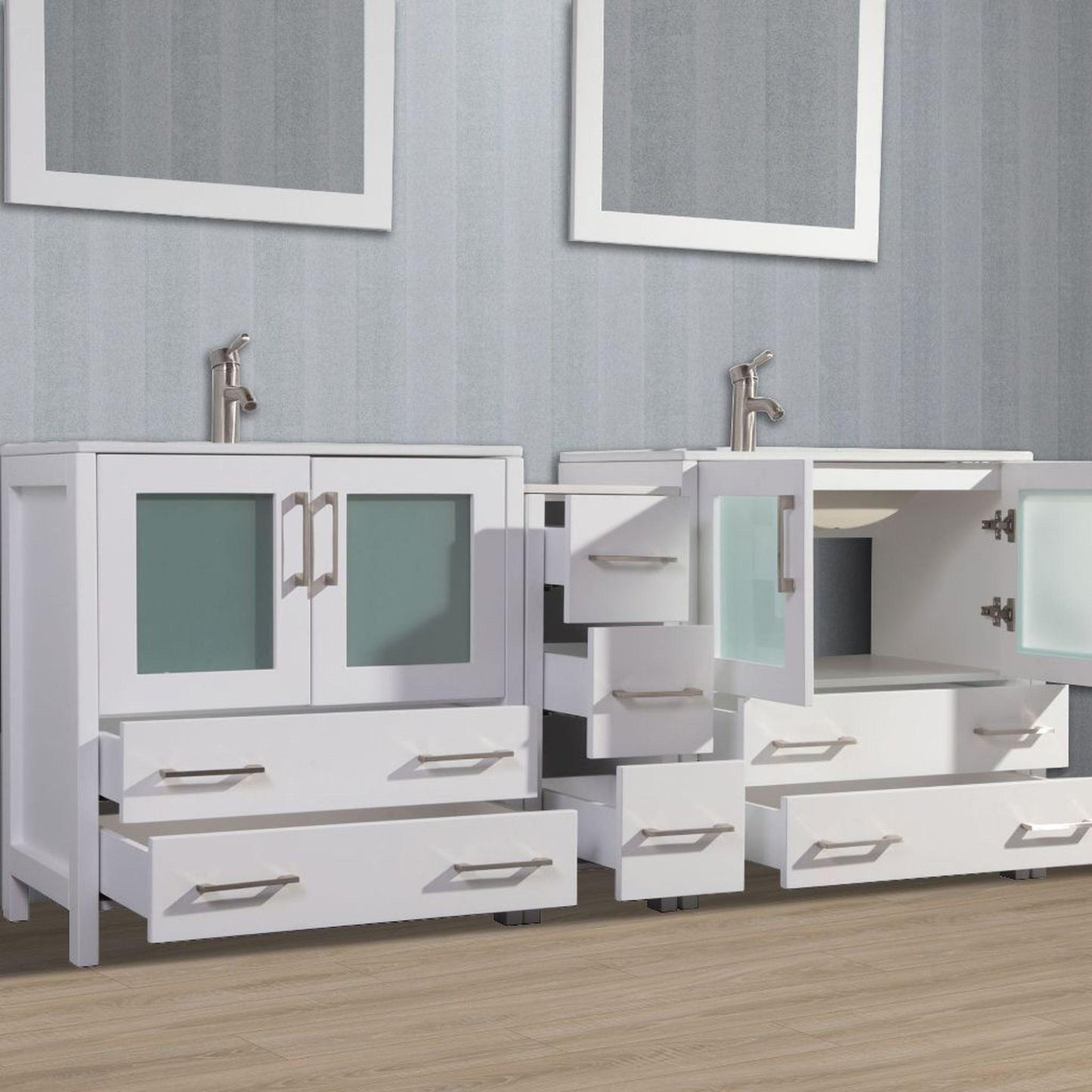 Vanity Art VA30 72" Double White Freestanding Modern Bathroom Vanity Set With Integrated Ceramic Sink, Compact 2 Shelves, 7 Dovetail Drawers Cabinet and 2 Mirrors