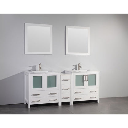 Vanity Art VA30 72" Double White Freestanding Modern Bathroom Vanity Set With Integrated Ceramic Sink, Compact 2 Shelves, 7 Dovetail Drawers Cabinet and 2 Mirrors