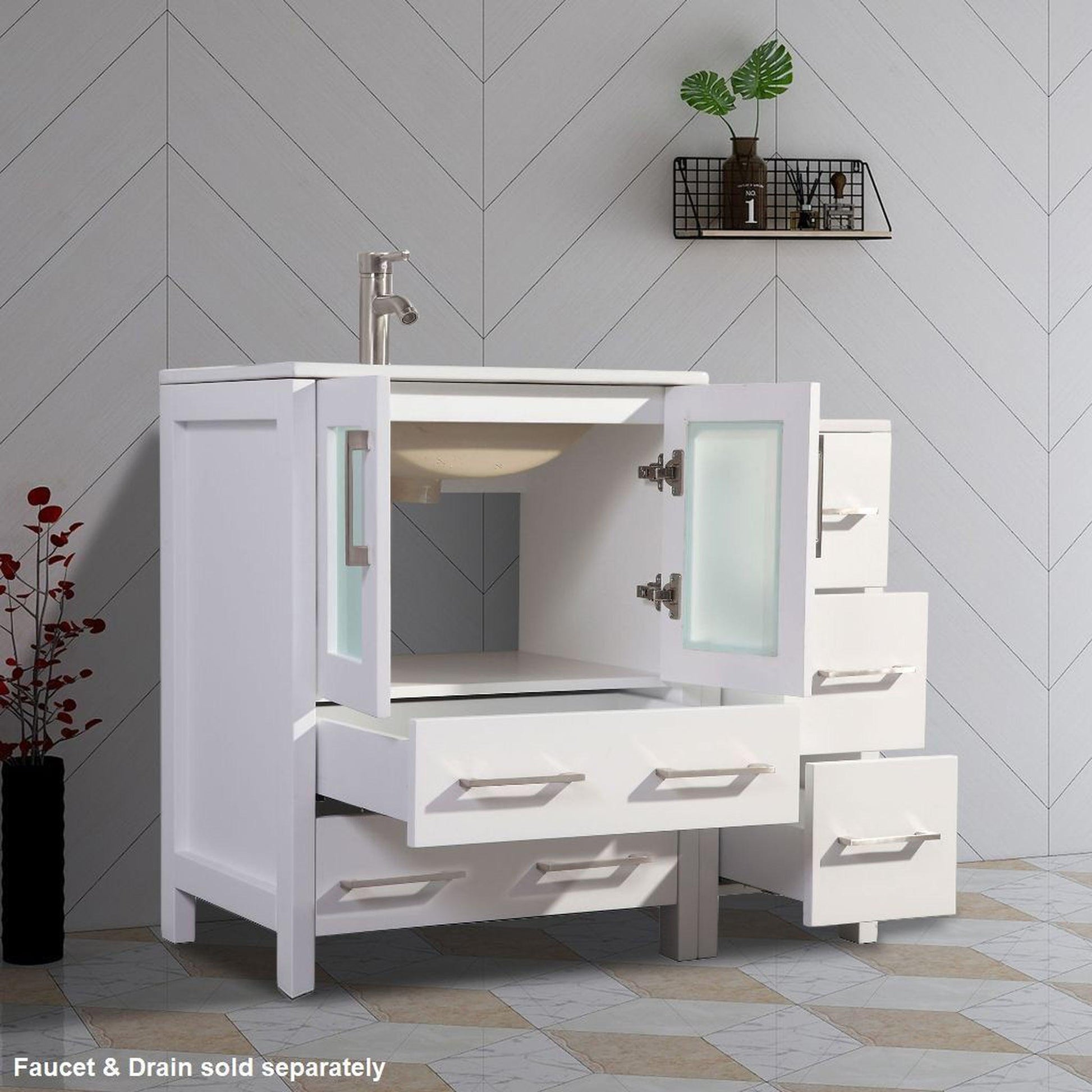 Vanity Art VA30 72" Double White Freestanding Modern Bathroom Vanity Set With Integrated Ceramic Sink, Compact 2 Shelves, 7 Dovetail Drawers Cabinet and 2 Mirrors