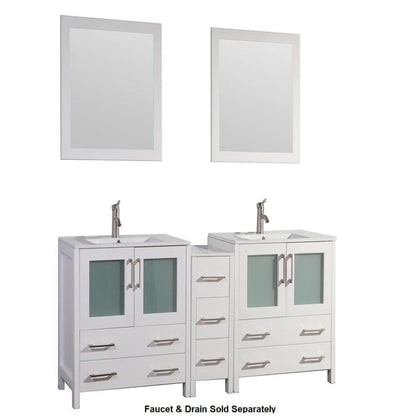 Vanity Art VA30 72" Double White Freestanding Modern Bathroom Vanity Set With Integrated Ceramic Sink, Compact 2 Shelves, 7 Dovetail Drawers Cabinet and 2 Mirrors