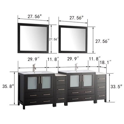 Vanity Art VA30 84" Double Espresso Modern Bathroom Vanity Set With Integrated Ceramic Sink, Compact 2 Shelves, 10 Dovetail Drawers Cabinet And 2 Mirrors