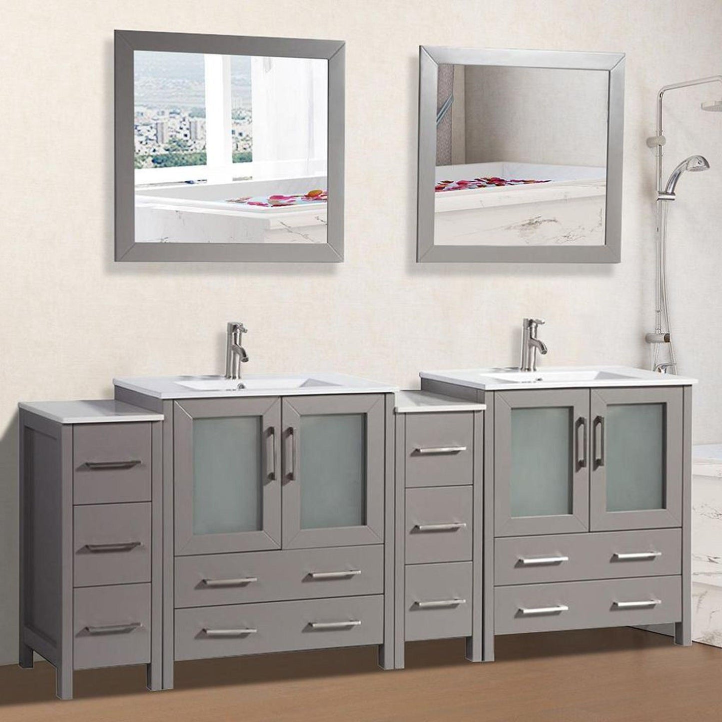 Vanity Art VA30 84" Double Gray Freestanding Modern Bathroom Vanity Set With Integrated Ceramic Sink, Compact 2 Shelves, 10 Dovetail Drawers Cabinet And 2 Mirrors