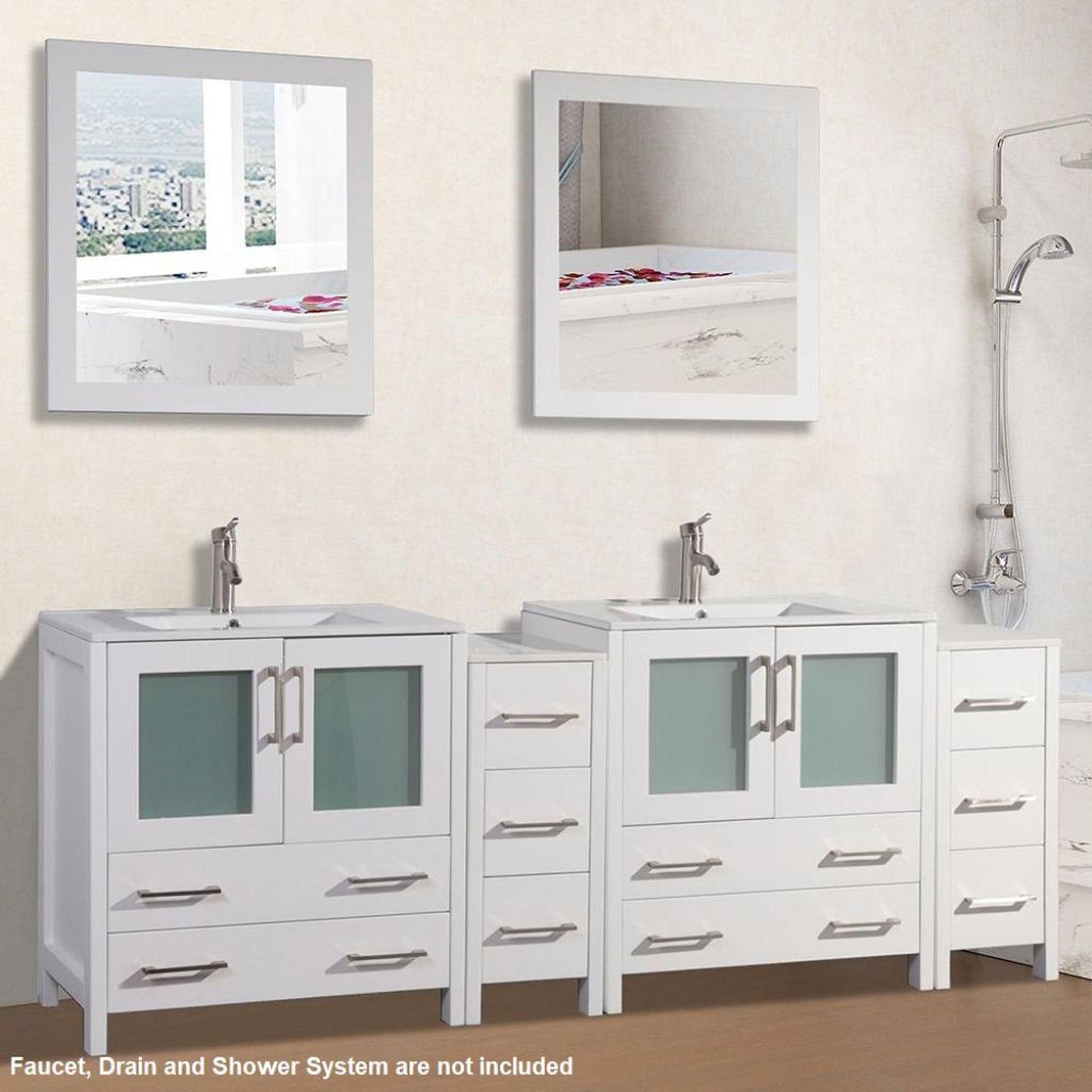 Vanity Art VA30 84" Double White Freestanding Modern Bathroom Vanity Set With Integrated Ceramic Sink, Compact 2 Shelves, 10 Dovetail Drawers Cabinet And 2 Mirrors