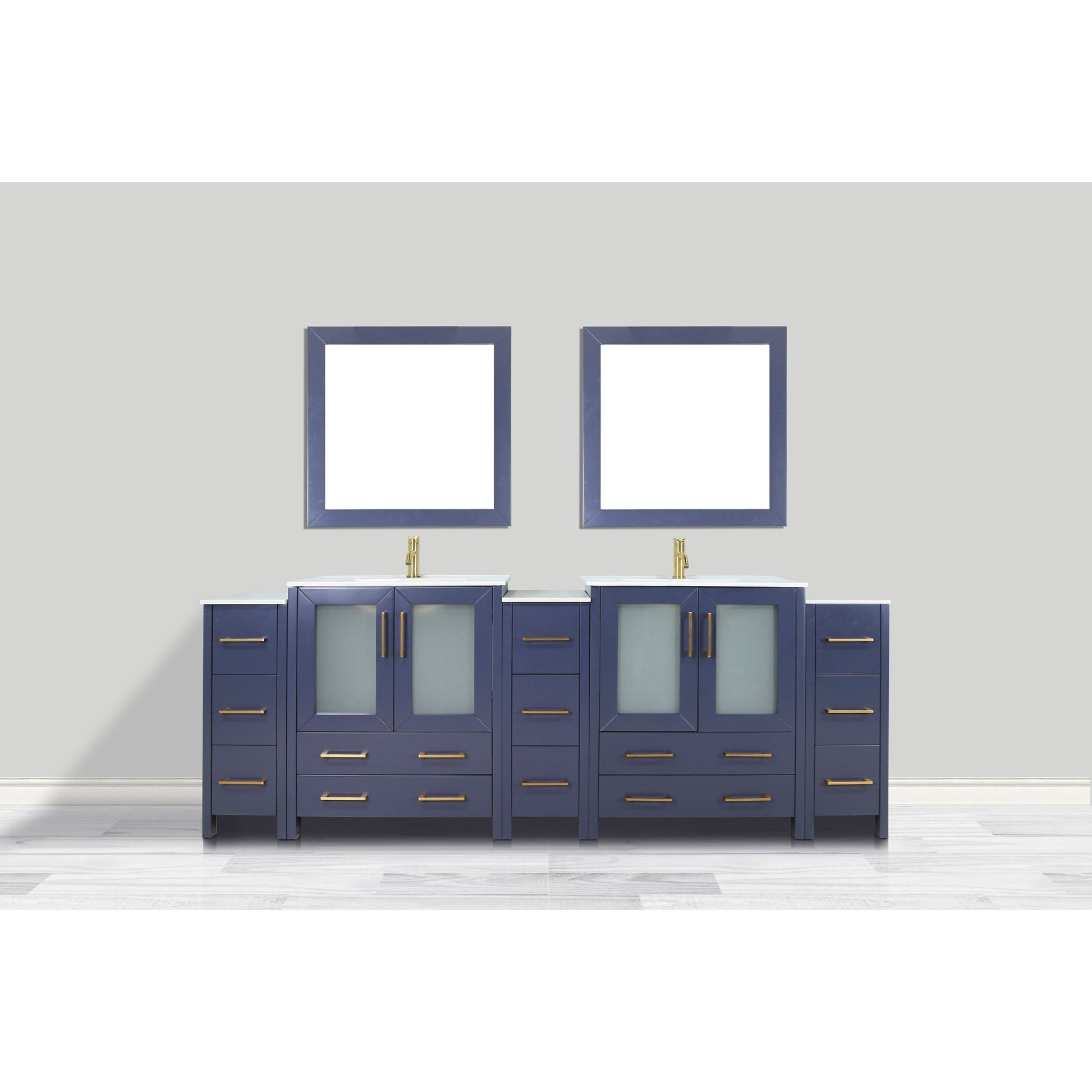 Vanity Art VA30 96" Double Blue Freestanding Ceramic Sink Modern Bathroom Vanity Set With Compact 2 Shelves, 13 Drawers Cabinet And 2 Mirrors