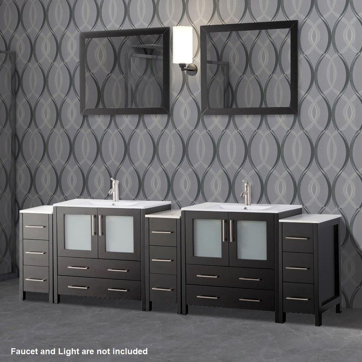 Vanity Art VA30 96" Double Espresso Freestanding Modern Bathroom Vanity Set With Integrated Ceramic Sink, Compact 2 Shelves, 13 Dovetail Drawers Cabinet And 2 Mirrors