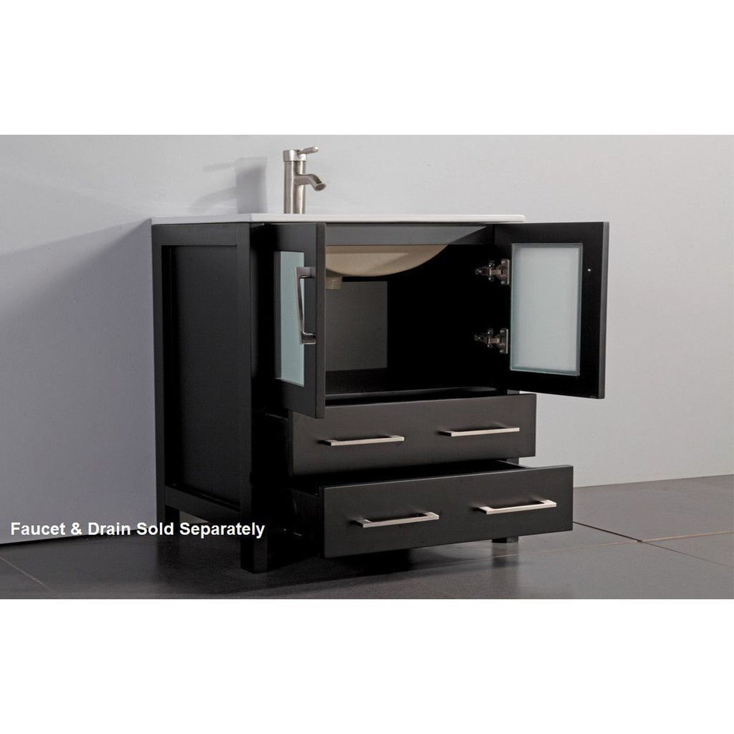 Vanity Art VA30 96" Double Espresso Freestanding Modern Bathroom Vanity Set With Integrated Ceramic Sink, Compact 2 Shelves, 13 Dovetail Drawers Cabinet And 2 Mirrors