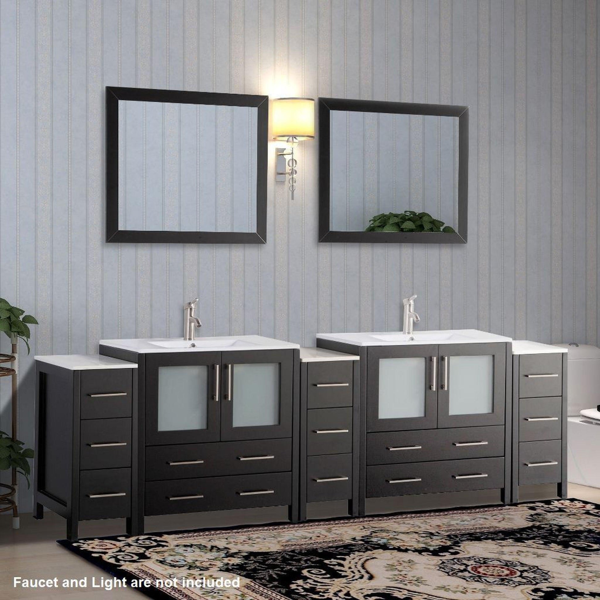 Vanity Art VA30 96" Double Espresso Freestanding Modern Bathroom Vanity Set With Integrated Ceramic Sink, Compact 2 Shelves, 13 Dovetail Drawers Cabinet And 2 Mirrors