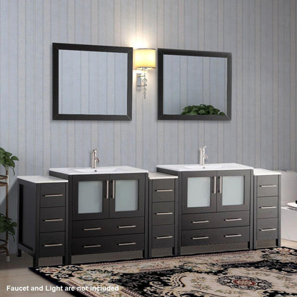 Vanity Art VA30 96" Double Espresso Freestanding Modern Bathroom Vanity Set With Integrated Ceramic Sink, Compact 2 Shelves, 13 Dovetail Drawers Cabinet And 2 Mirrors