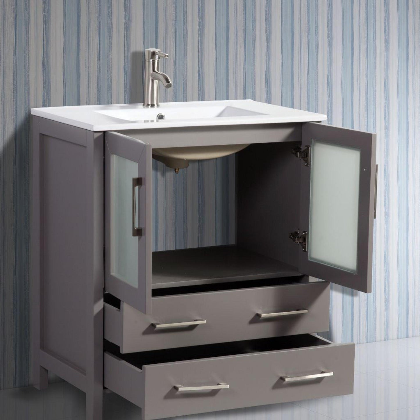 Vanity Art VA30 96" Double Gray Freestanding Modern Bathroom Vanity Set With Integrated Ceramic Sink, Compact 2 Shelves, 13 Dovetail Drawers Cabinet And 2 Mirrors