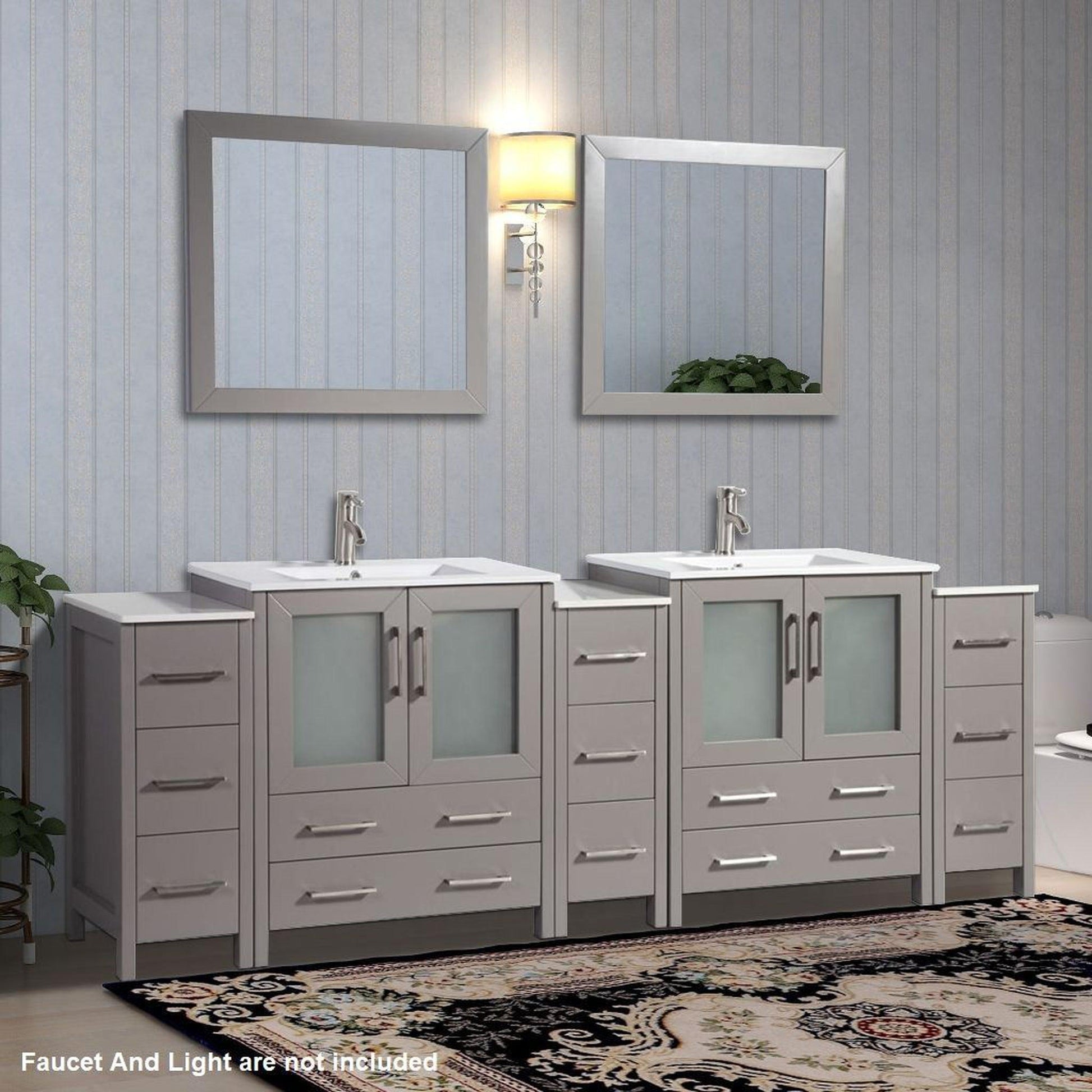 Vanity Art VA30 96" Double Gray Freestanding Modern Bathroom Vanity Set With Integrated Ceramic Sink, Compact 2 Shelves, 13 Dovetail Drawers Cabinet And 2 Mirrors