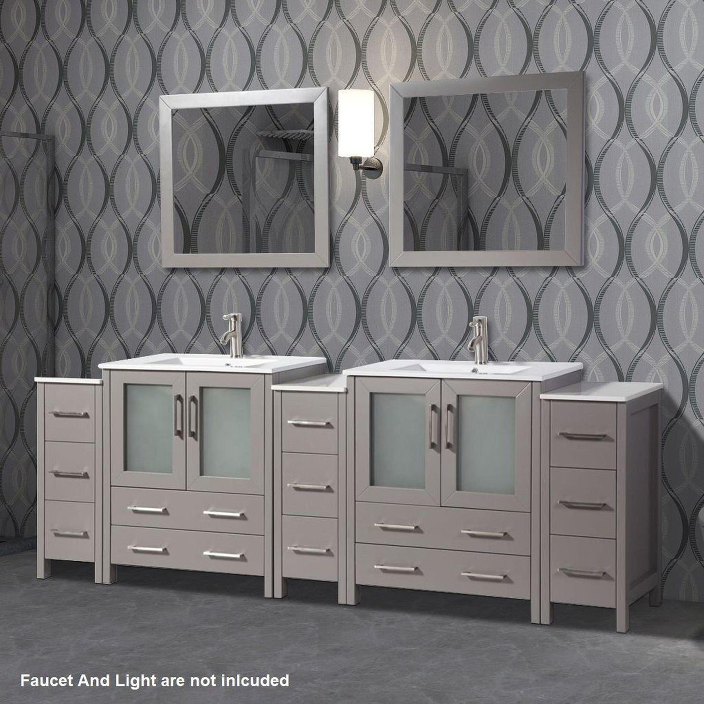 Vanity Art VA30 96" Double Gray Freestanding Modern Bathroom Vanity Set With Integrated Ceramic Sink, Compact 2 Shelves, 13 Dovetail Drawers Cabinet And 2 Mirrors