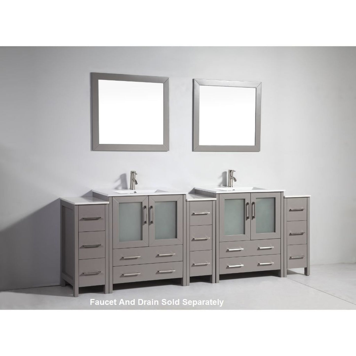 Vanity Art VA30 96" Double Gray Freestanding Modern Bathroom Vanity Set With Integrated Ceramic Sink, Compact 2 Shelves, 13 Dovetail Drawers Cabinet And 2 Mirrors