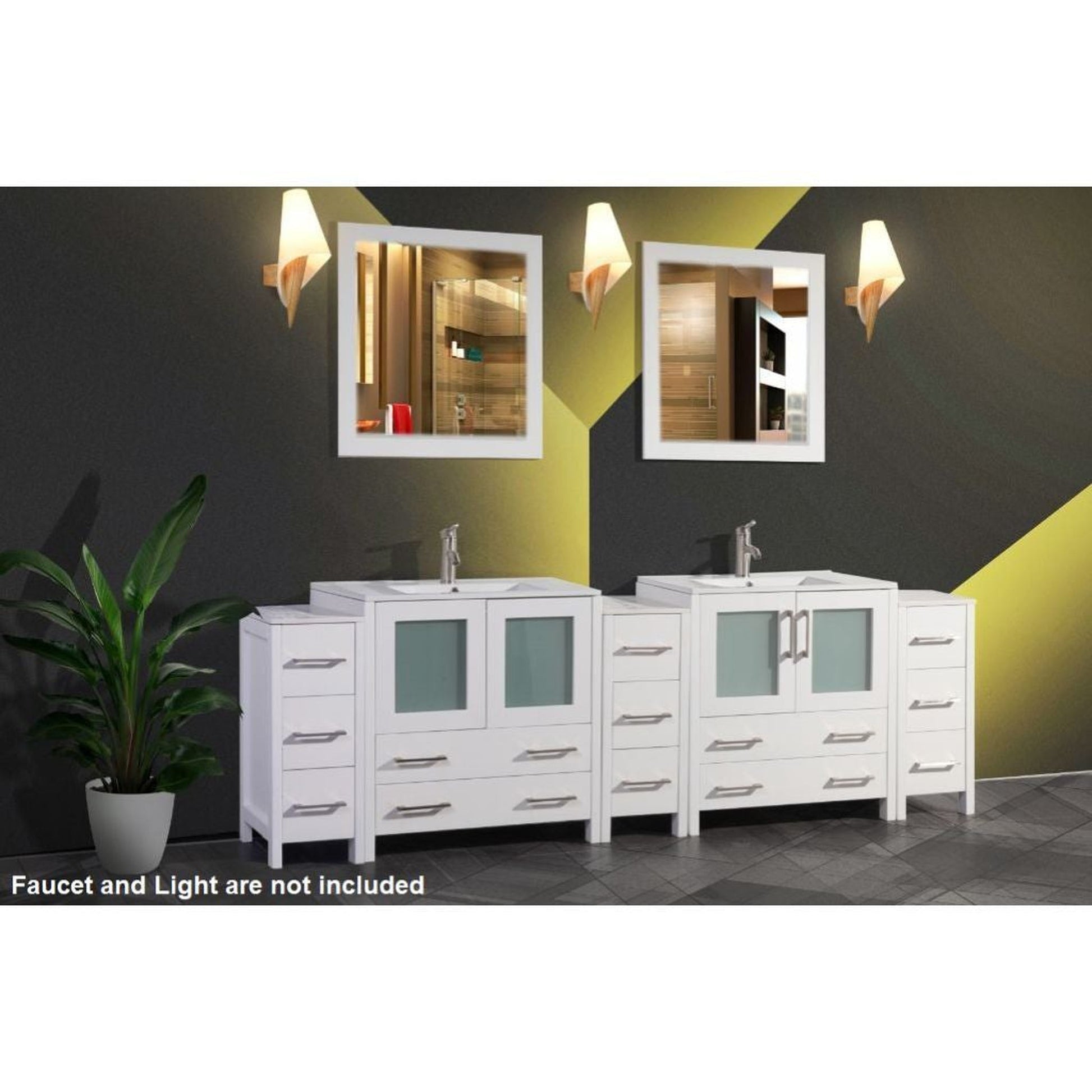 Vanity Art VA30 96" Double White Freestanding Modern Bathroom Vanity Set With Integrated Ceramic Sink, Compact 2 Shelves, 13 Dovetail Drawers Cabinet And 2 Mirrors