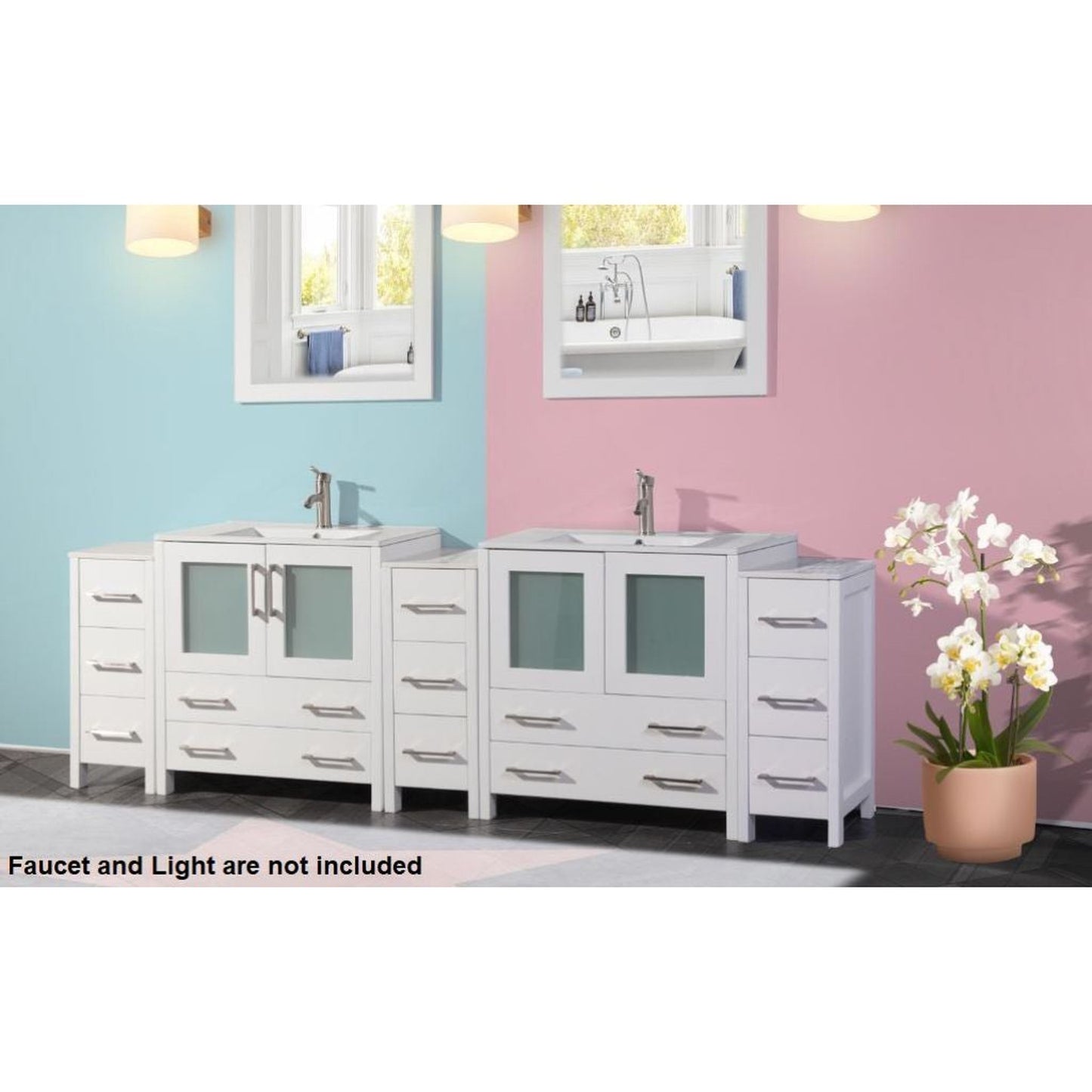 Vanity Art VA30 96" Double White Freestanding Modern Bathroom Vanity Set With Integrated Ceramic Sink, Compact 2 Shelves, 13 Dovetail Drawers Cabinet And 2 Mirrors