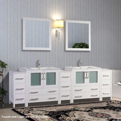 Vanity Art VA30 96" Double White Freestanding Modern Bathroom Vanity Set With Integrated Ceramic Sink, Compact 2 Shelves, 13 Dovetail Drawers Cabinet And 2 Mirrors