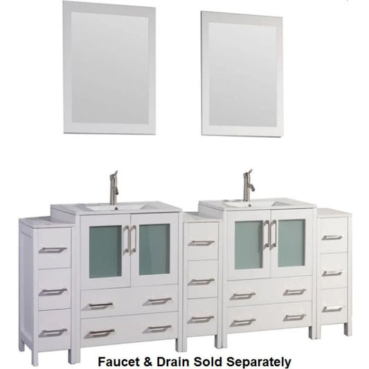 Vanity Art VA30 96" Double White Freestanding Modern Bathroom Vanity Set With Integrated Ceramic Sink, Compact 2 Shelves, 13 Dovetail Drawers Cabinet And 2 Mirrors