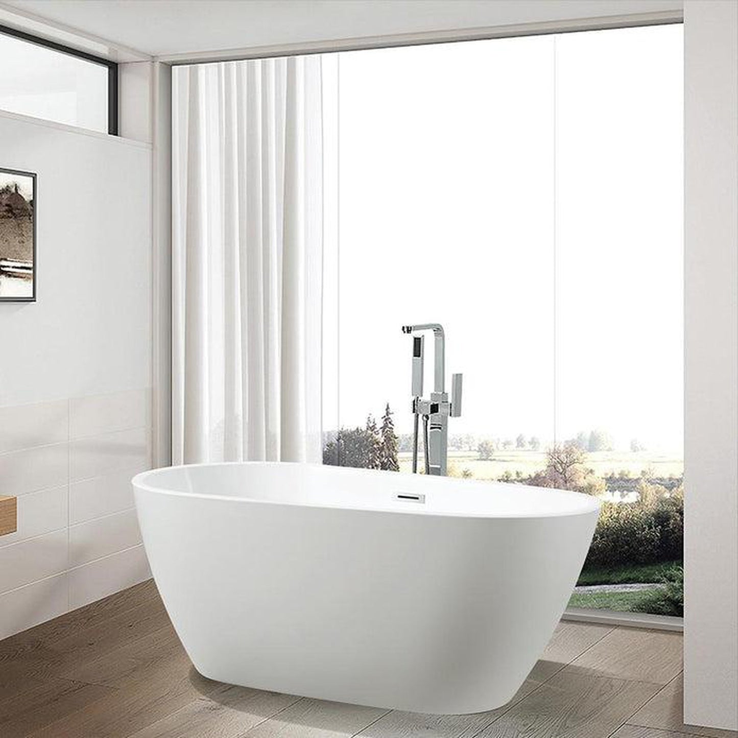 Vanity Art VA6515 59" White Acrylic Freestanding Bathtub With Polished Chrome Pop-up Drain and Flexible Drain Hose