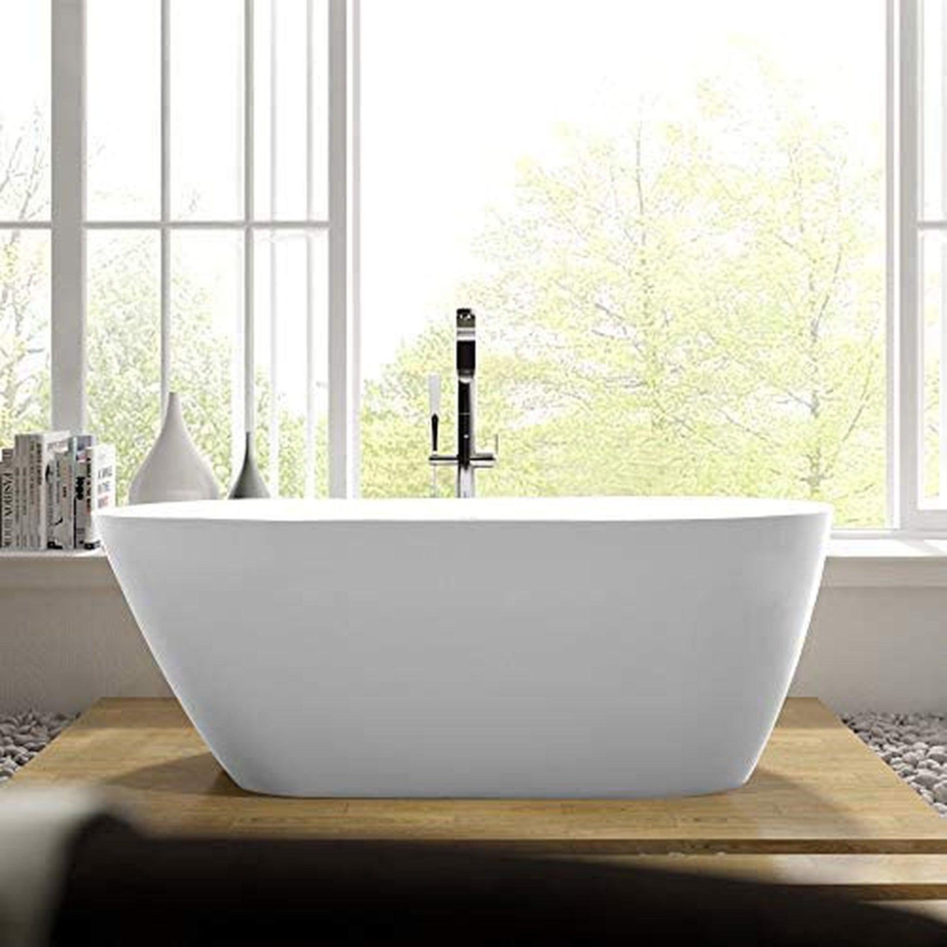 Vanity Art VA6515 59" White Acrylic Freestanding Bathtub With Polished Chrome Pop-up Drain and Flexible Drain Hose