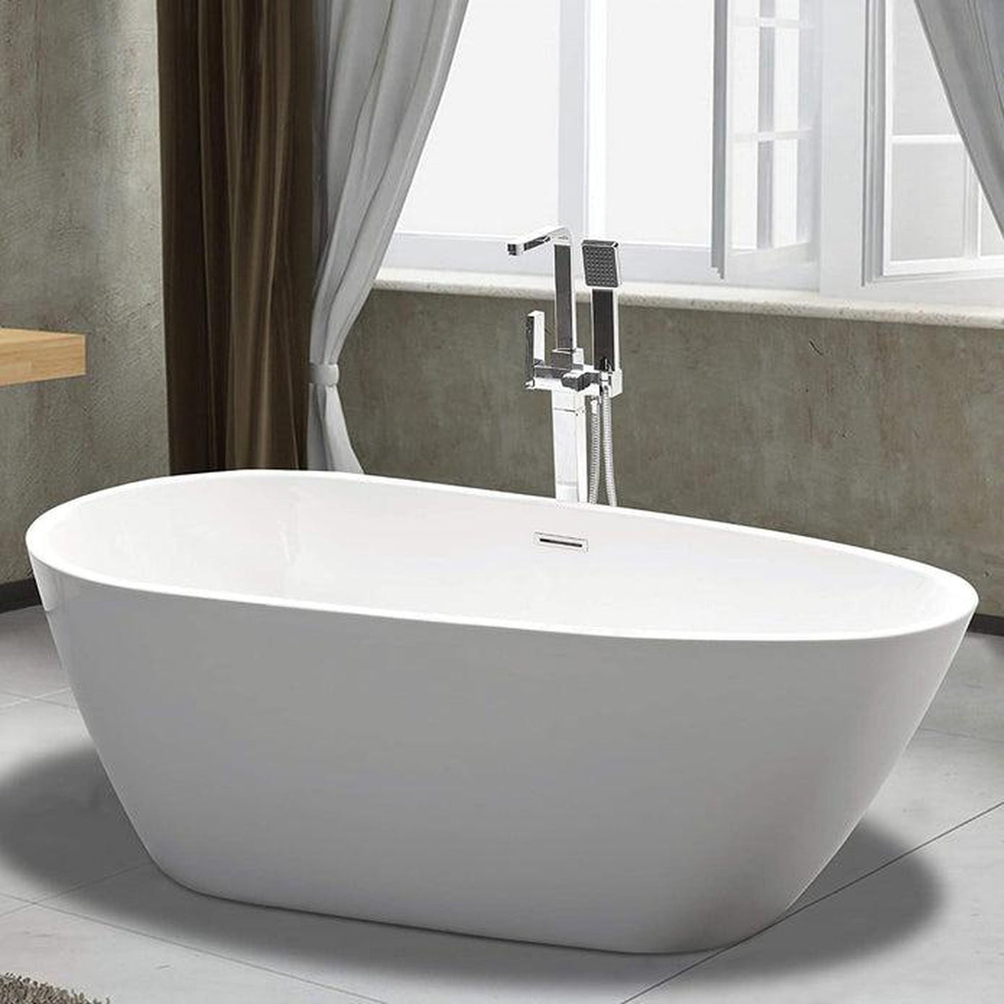 Vanity Art VA6515 59" White Acrylic Freestanding Bathtub With Polished Chrome Pop-up Drain and Flexible Drain Hose