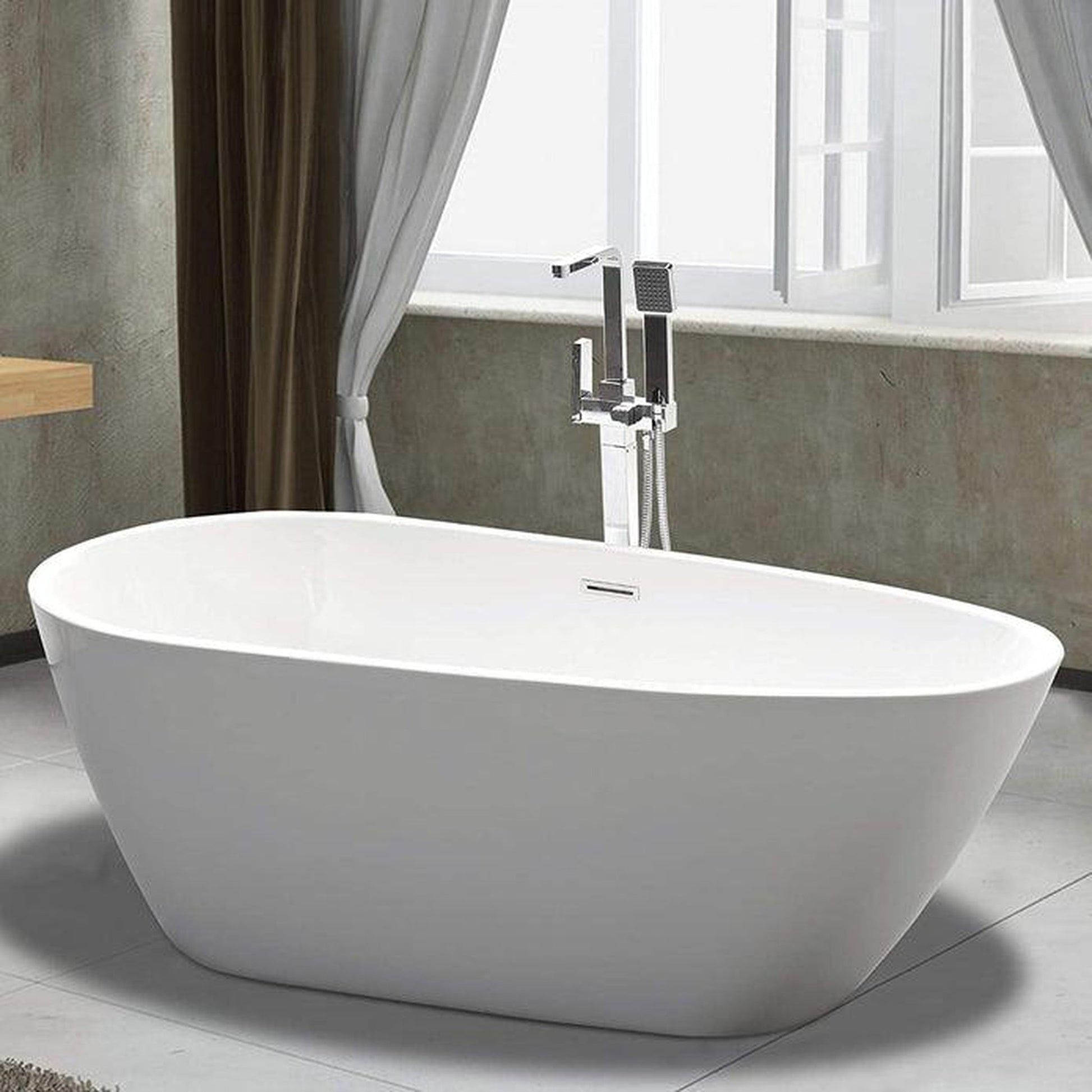 Vanity Art VA6515-L 67" White Acrylic Freestanding Bathtub With Polished Chrome Pop-up Drain and Flexible Drain Hose