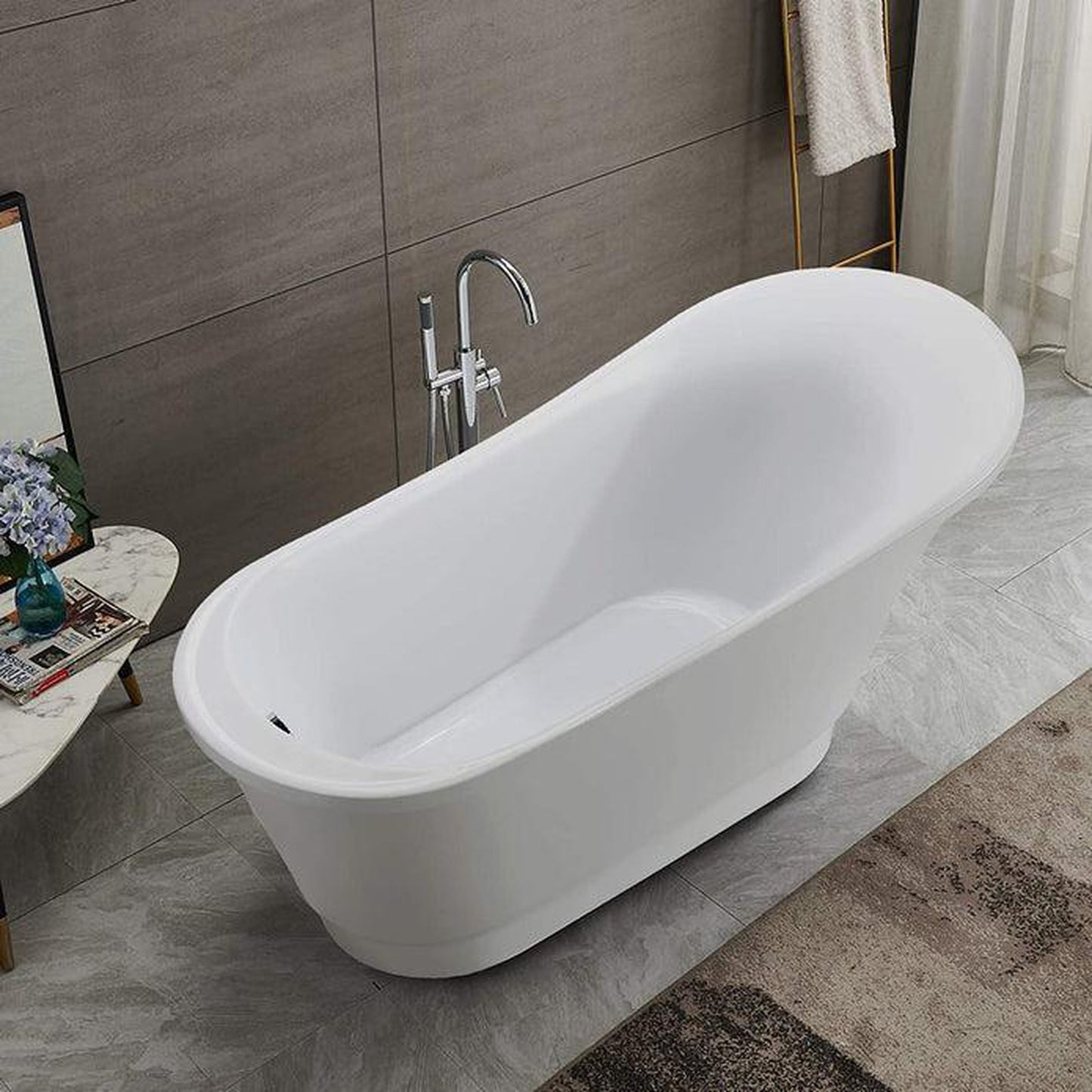 Vanity Art VA6803 67" White Acrylic Modern Freestanding Bathtub With Polished Chrome Pop-up Drain, Overflow and Flexible Drain Hose