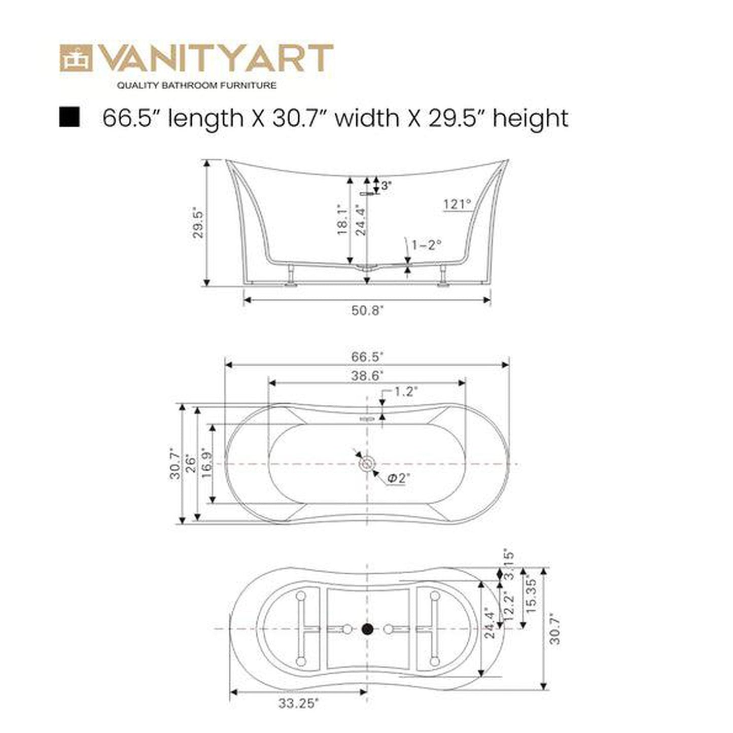 Vanity Art VA6805 67" W x 29" H White Acrylic Modern Freestanding Bathtub With Polished Chrome Pop-up Drain, Slotted Overflow and Flexible Drain Hose