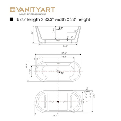 Vanity Art VA6815-L 67" Glossy White Acrylic Freestanding Soaking Tub With Overflow and Pop-up Drain