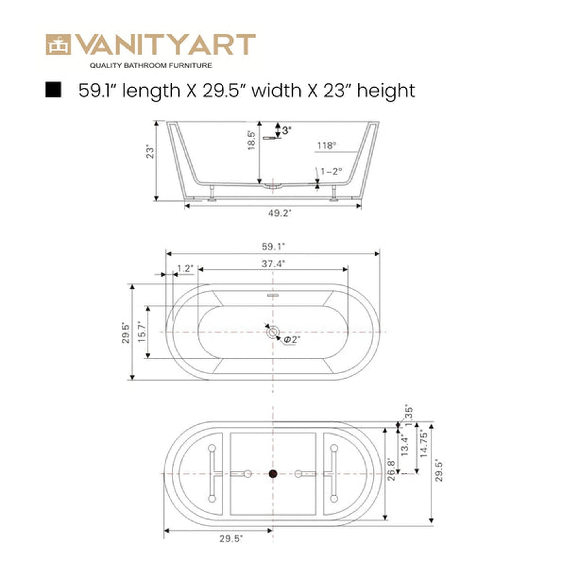 Vanity Art VA6815-S 59" Glossy White Acrylic Freestanding Soaking Tub With Overflow and Pop-up Drain