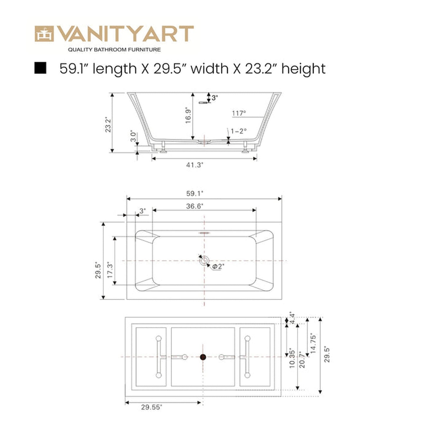 Vanity Art VA6817 59" Glossy White Acrylic Freestanding Rectangular Soaking Tub With Slotted Overflow and Pop-up Drain