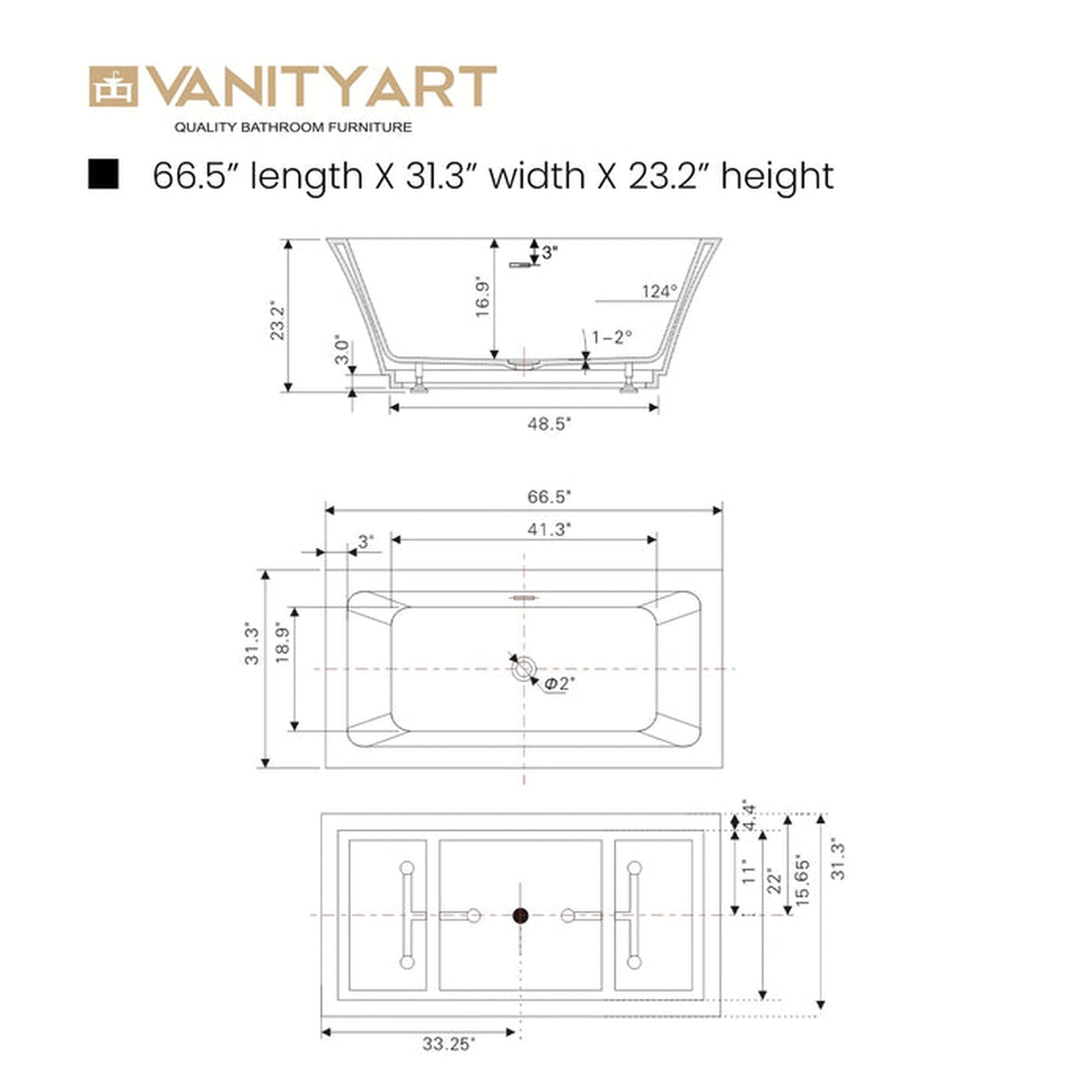 Vanity Art VA6817-L 67" Glossy White Acrylic Freestanding Rectangular Soaking Tub With Slotted Overflow and Pop-up Drain