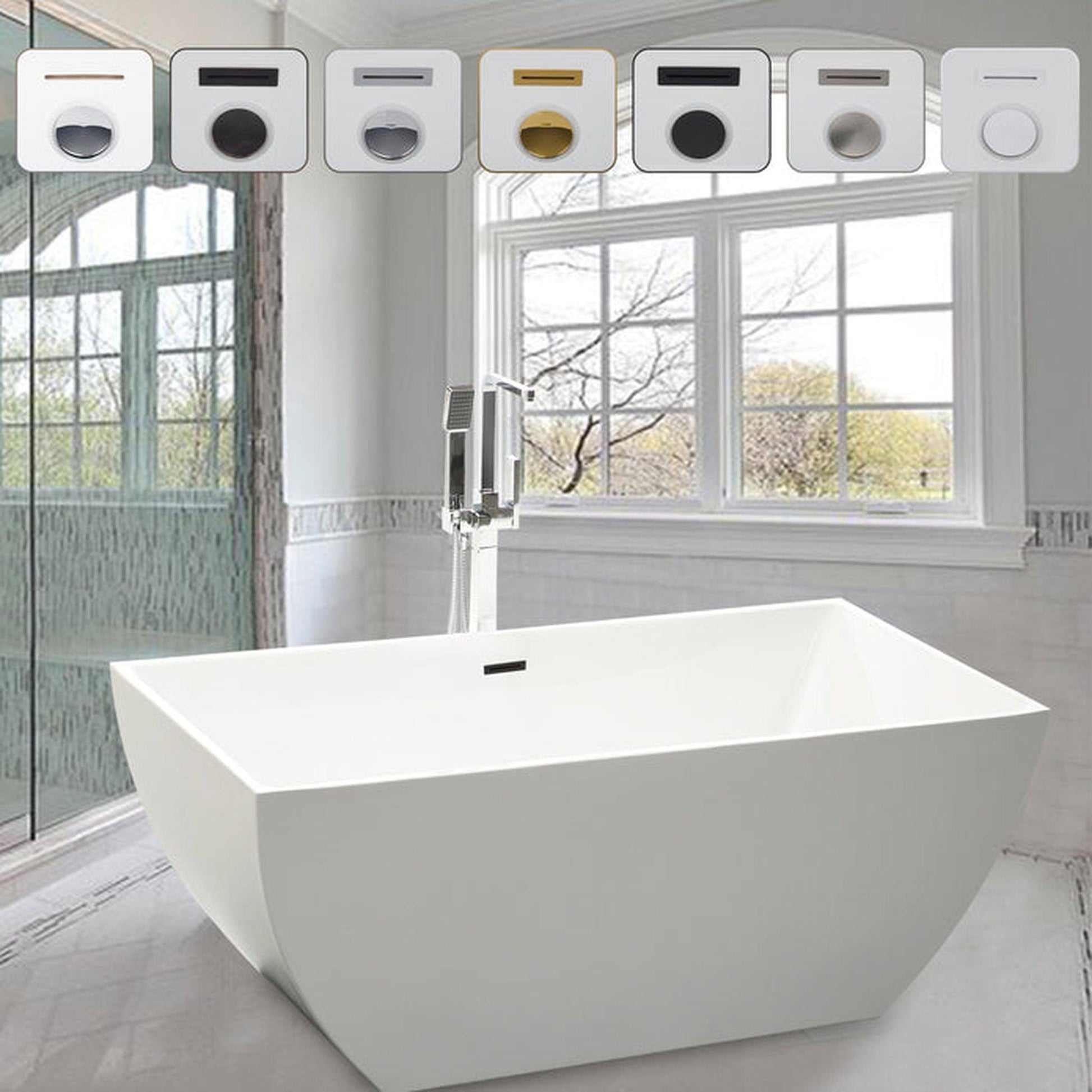 Vanity Art VA6821 59" White Acrylic Freestanding Soaking Bathtub With Matte Black Slotted Overflow & Pop-up Drain
