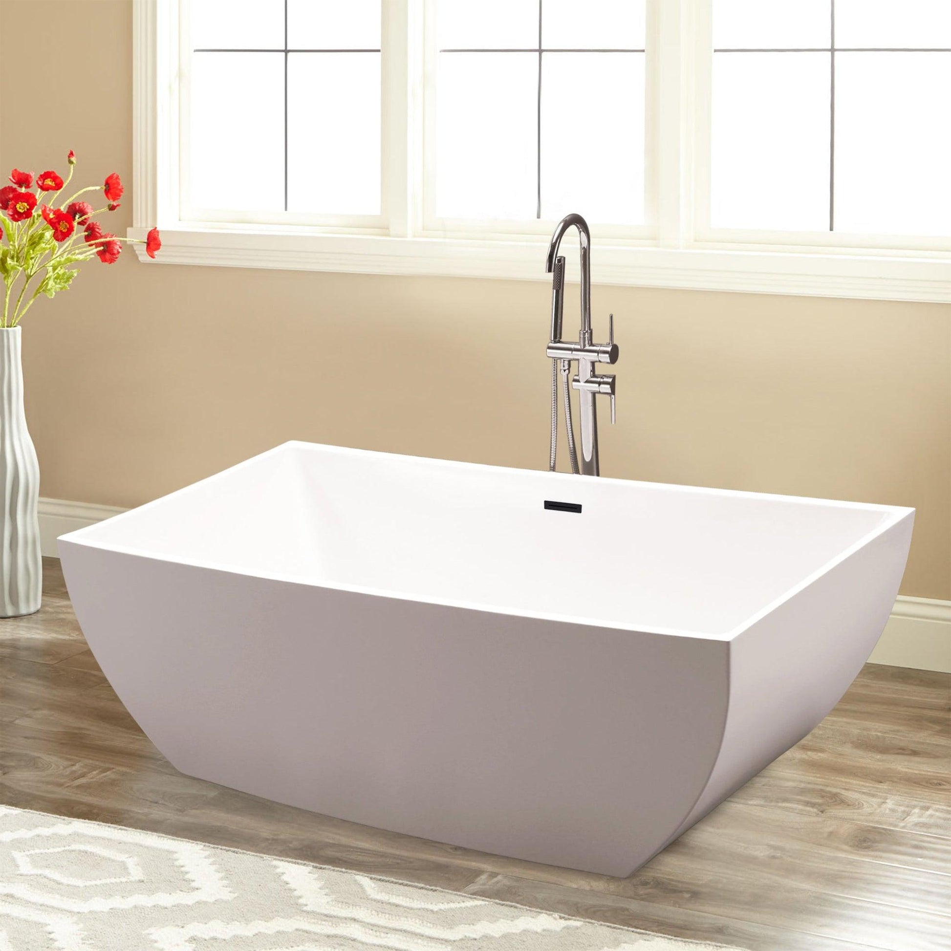 Vanity Art VA6821 67" White Acrylic Freestanding Soaking Bathtub With Matte Black Overflow & Pop-up Drain