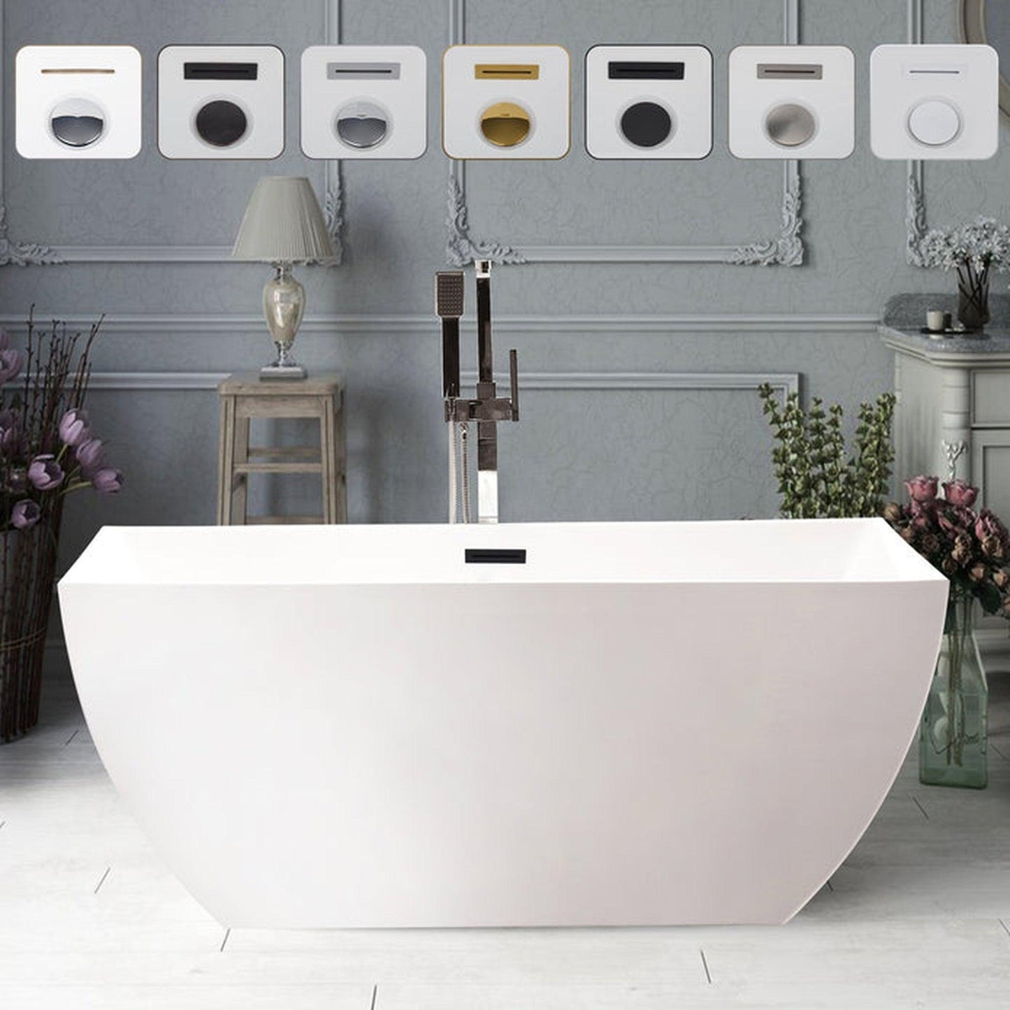 Vanity Art VA6821 67" White Acrylic Freestanding Soaking Bathtub With Matte Black Overflow & Pop-up Drain