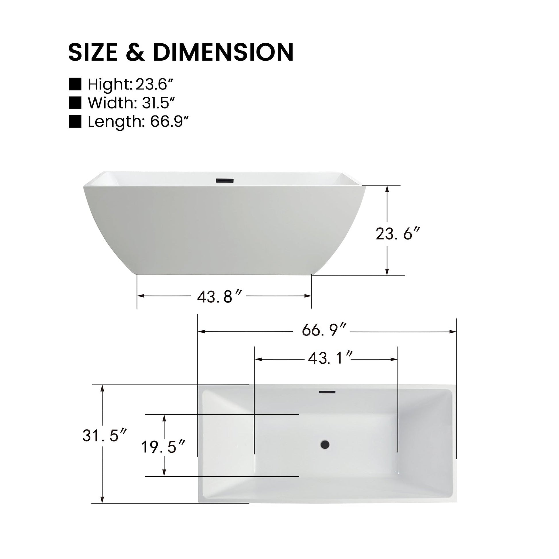 Vanity Art VA6821 67" White Acrylic Freestanding Soaking Bathtub With Matte Black Overflow & Pop-up Drain