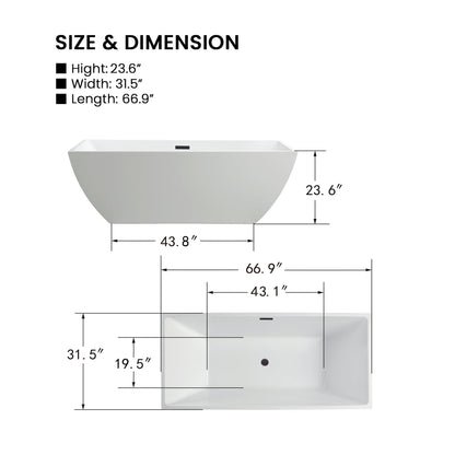 Vanity Art VA6821 67" White Acrylic Freestanding Soaking Bathtub With Oil Rubbed Bronze Overflow & Pop-up Drain