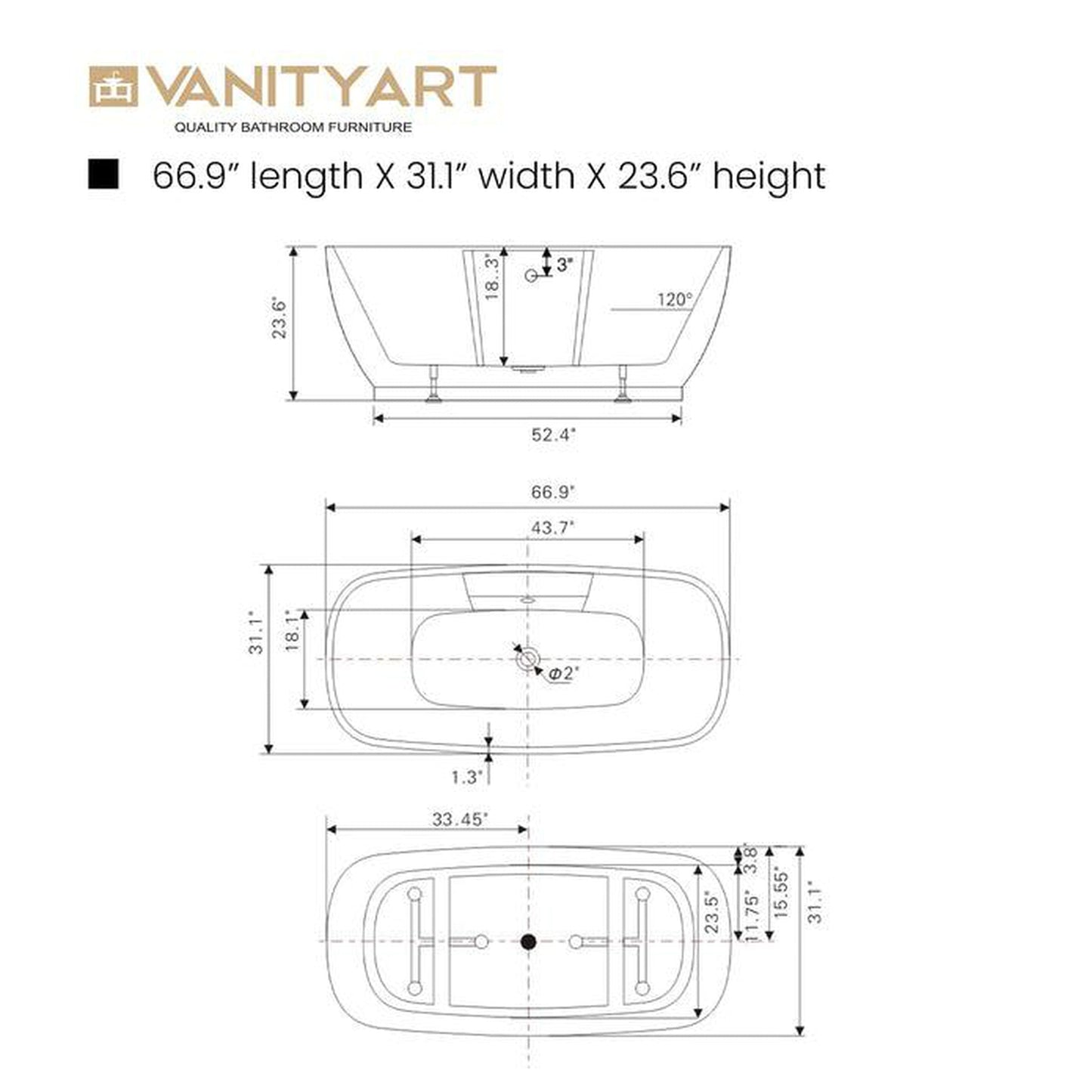 Vanity Art VA6835 67" Glossy White Acrylic Freestanding Soaking Tub With Chrome Finish Round Overflow and Pop-up Drain