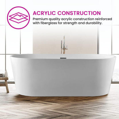 Vanity Art VA6901 59" White Acrylic Freestanding Bathtub With Slotted Polished Chrome Overflow and Pop-up Drain