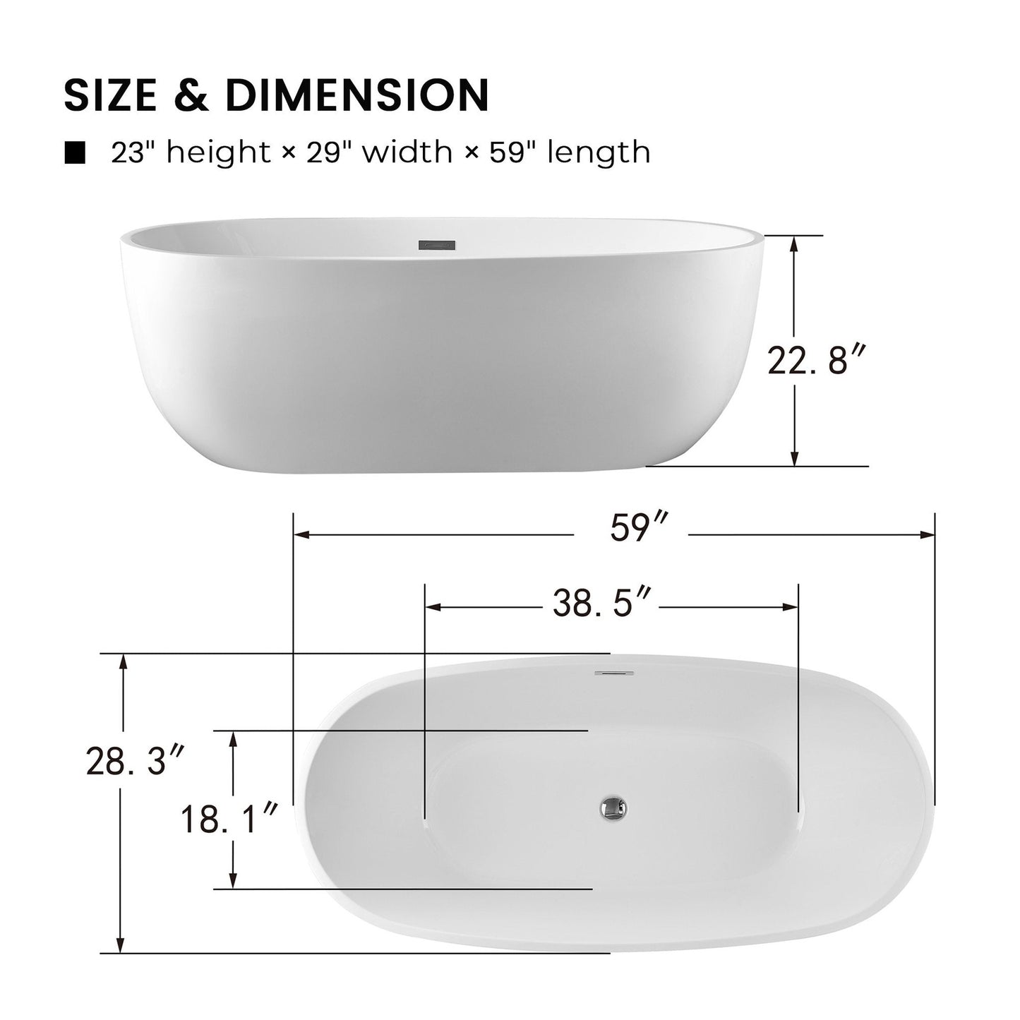 Vanity Art VA6901 59" White Acrylic Freestanding Bathtub With Slotted Polished Chrome Overflow and Pop-up Drain