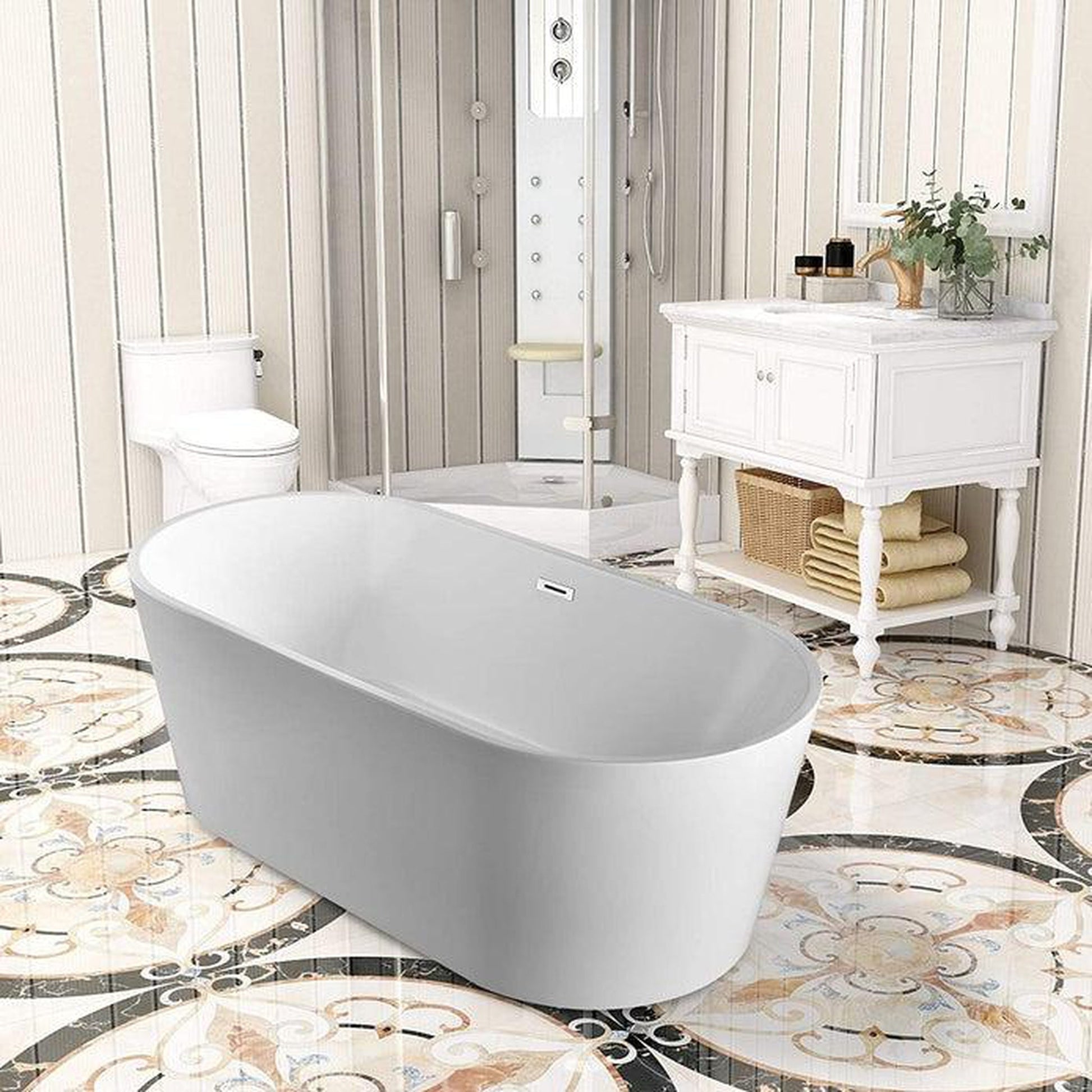 Vanity Art VA6901 59" White Acrylic Freestanding Bathtub With Slotted Polished Chrome Overflow and Pop-up Drain