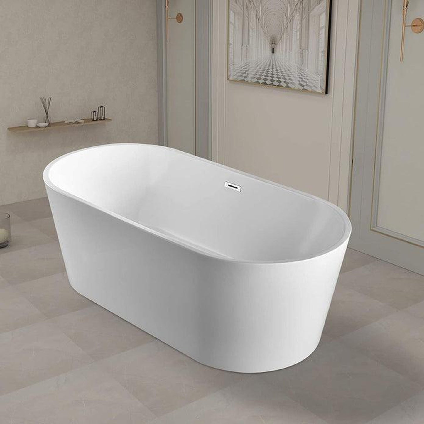 Vanity Art VA6901 59" White Acrylic Freestanding Bathtub With Slotted Polished Chrome Overflow and Pop-up Drain