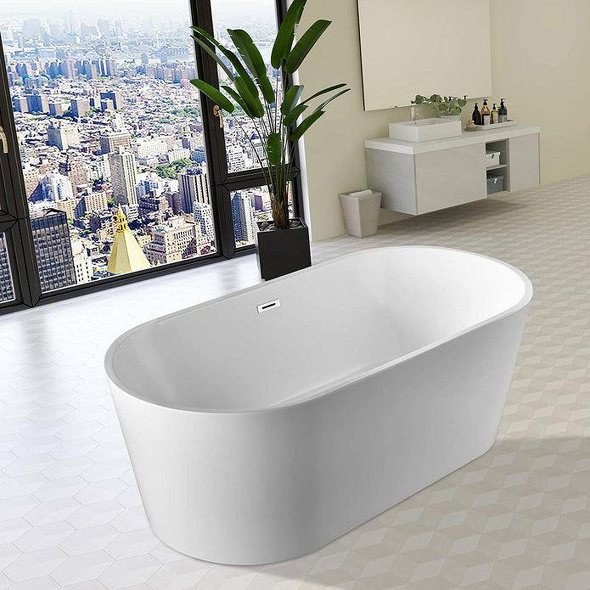 Vanity Art VA6901 59" White Acrylic Freestanding Bathtub With Slotted Polished Chrome Overflow and Pop-up Drain