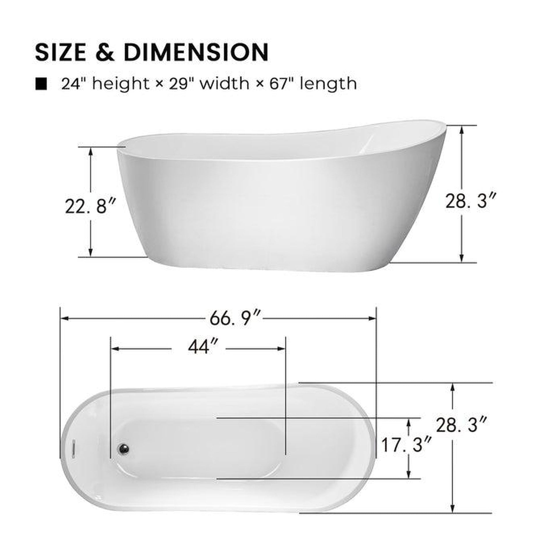 Vanity Art VA6904-L 67" White Acrylic Modern Stand Alone Soaking Tub With Polished Chrome Slotted Overflow and Pop-up Drain