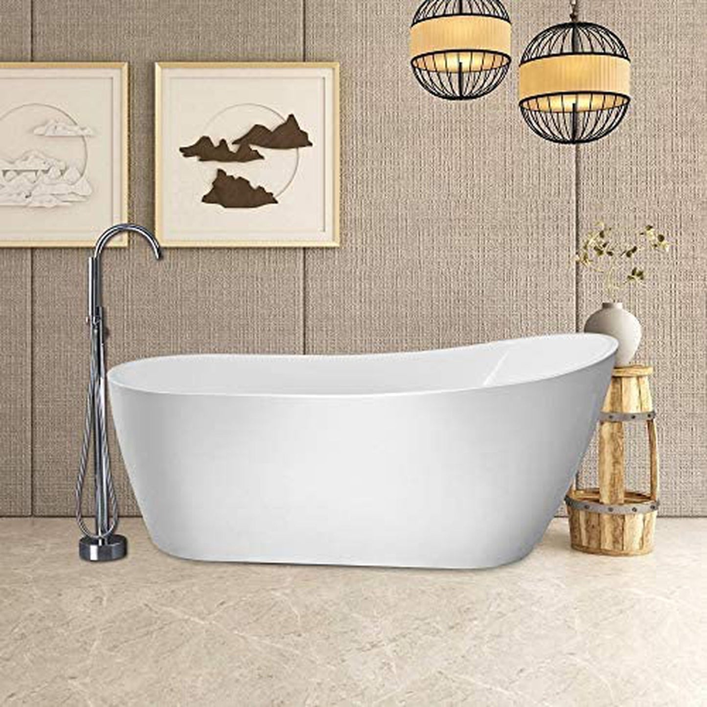 Vanity Art VA6904-L 67" White Acrylic Modern Stand Alone Soaking Tub With Polished Chrome Slotted Overflow and Pop-up Drain