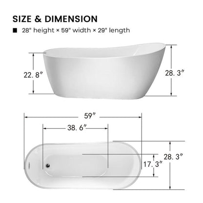 Vanity Art VA6904-S 59" White Acrylic Modern Stand Alone Soaking Bathtub With Slotted Overflow and Pop-up Drain