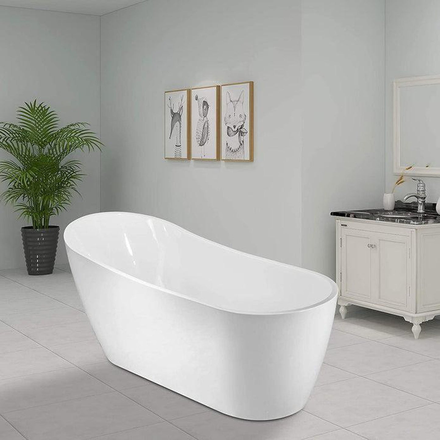 Vanity Art VA6904-S 59" White Acrylic Modern Stand Alone Soaking Bathtub With Slotted Overflow and Pop-up Drain