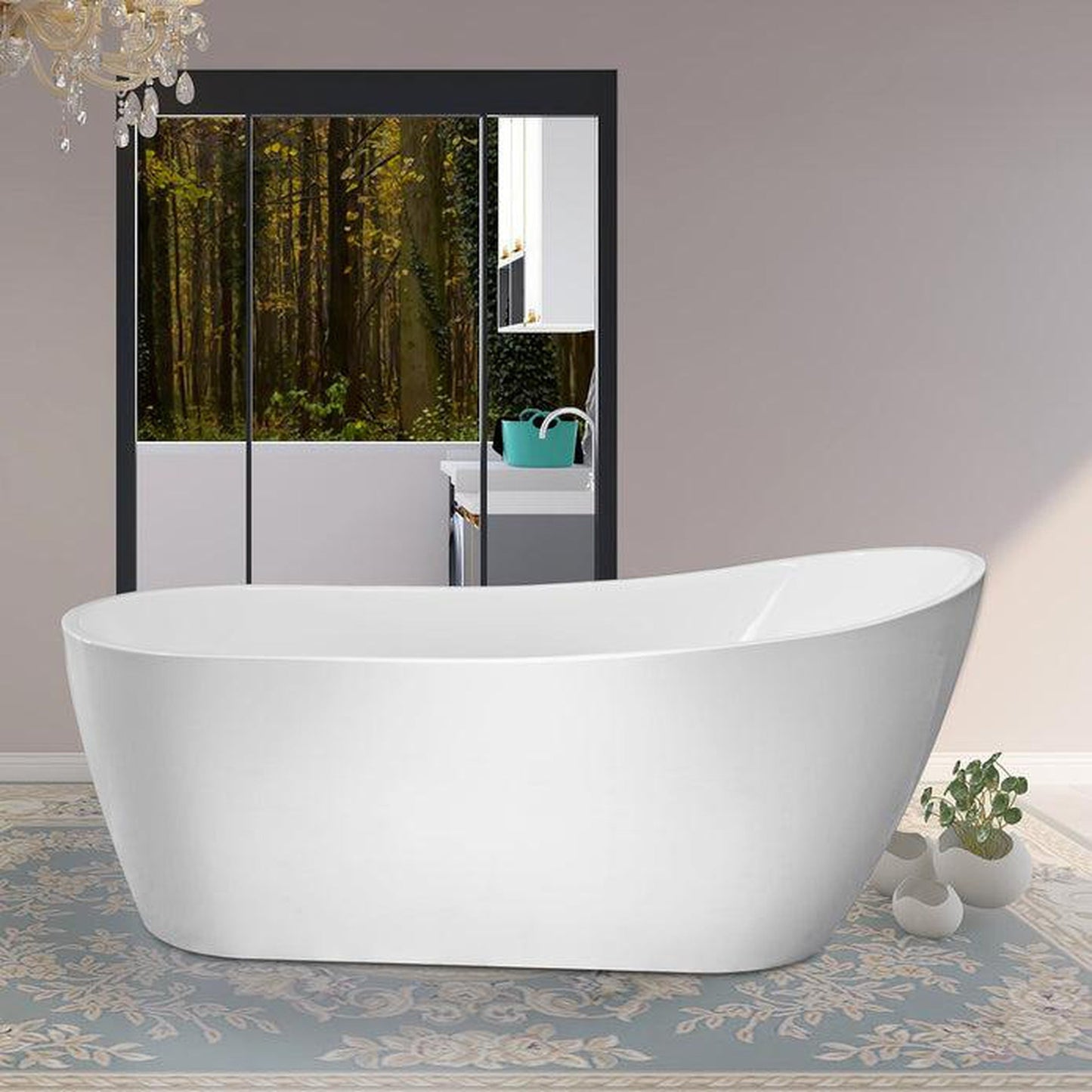 Vanity Art VA6904-S 59" White Acrylic Modern Stand Alone Soaking Bathtub With Slotted Overflow and Pop-up Drain