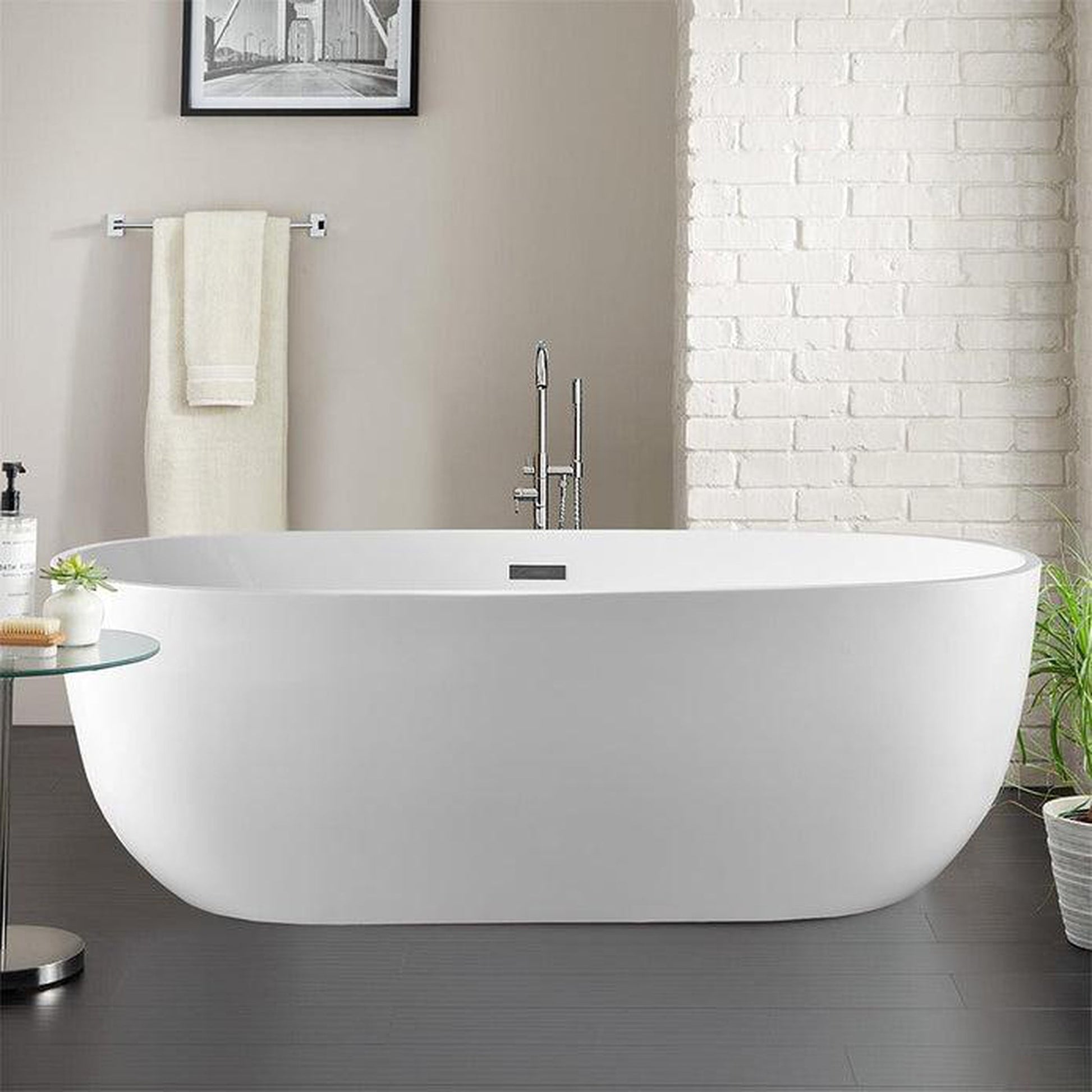 Vanity Art VA6906 59" White Acrylic Freestanding Bathtub With Polished Chrome Slotted Overflow and Pop-up Drain