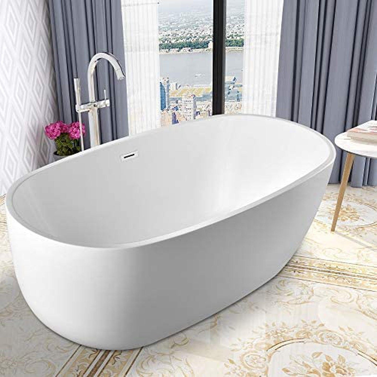 Vanity Art VA6906 59" White Acrylic Freestanding Bathtub With Polished Chrome Slotted Overflow and Pop-up Drain